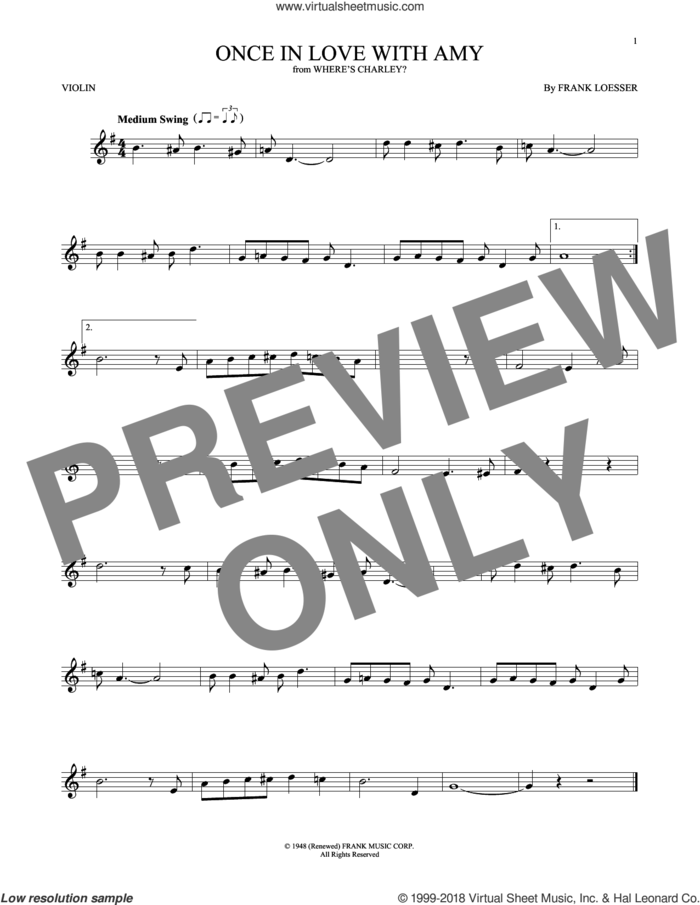 Once In Love With Amy sheet music for violin solo by Frank Loesser, intermediate skill level