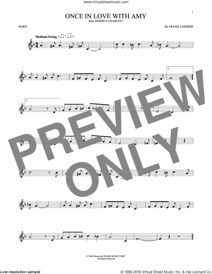 Once In Love With Amy sheet music for horn solo by Frank Loesser, intermediate skill level