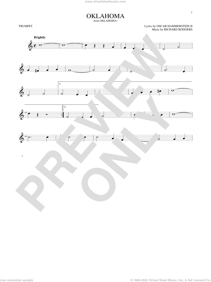 Oklahoma (from Oklahoma!) sheet music for trumpet solo by Rodgers & Hammerstein, Oscar II Hammerstein and Richard Rodgers, intermediate skill level