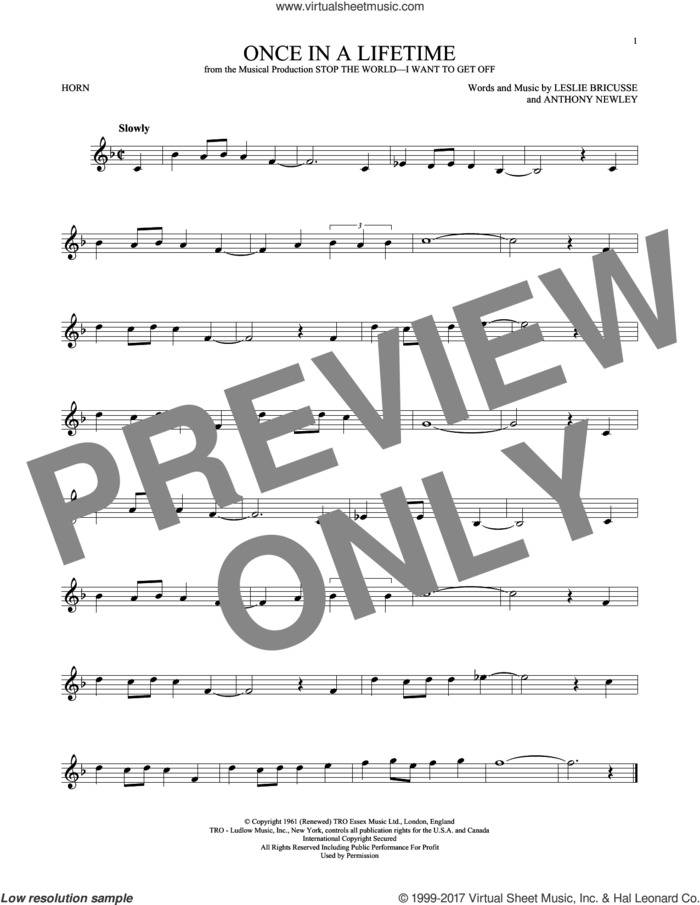 Once In A Lifetime sheet music for horn solo by Leslie Bricusse and Anthony Newley, intermediate skill level