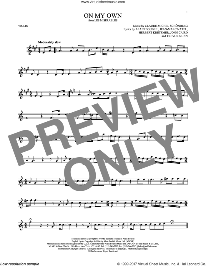 On My Own (from Les Miserables) sheet music for violin solo by Alain Boublil, Claude-Michel Schonberg, Claude-Michel Schonberg, Herbert Kretzmer, Jean-Marc Natel, John Caird and Trevor Nunn, intermediate skill level