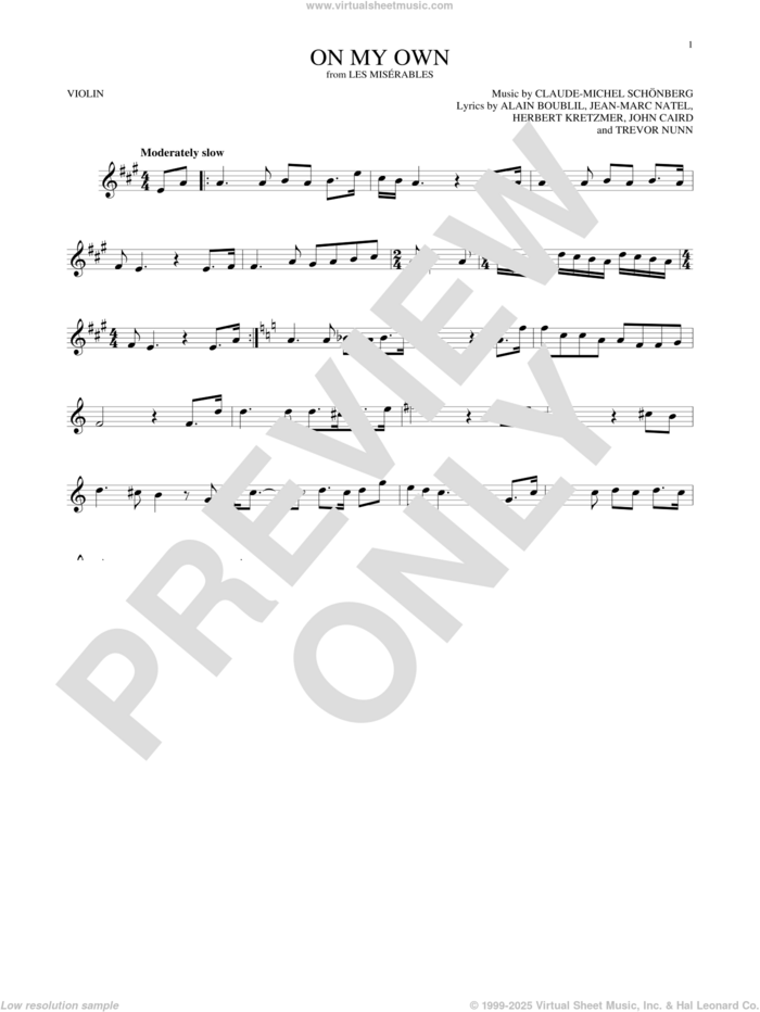 On My Own (from Les Miserables) sheet music for violin solo by Alain Boublil, Claude-Michel Schonberg, Claude-Michel Schonberg, Herbert Kretzmer, Jean-Marc Natel, John Caird and Trevor Nunn, intermediate skill level