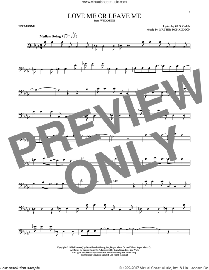 Love Me Or Leave Me sheet music for trombone solo by Gus Kahn, Dave Pell, Donaldson and Kahn and Walter Donaldson, intermediate skill level