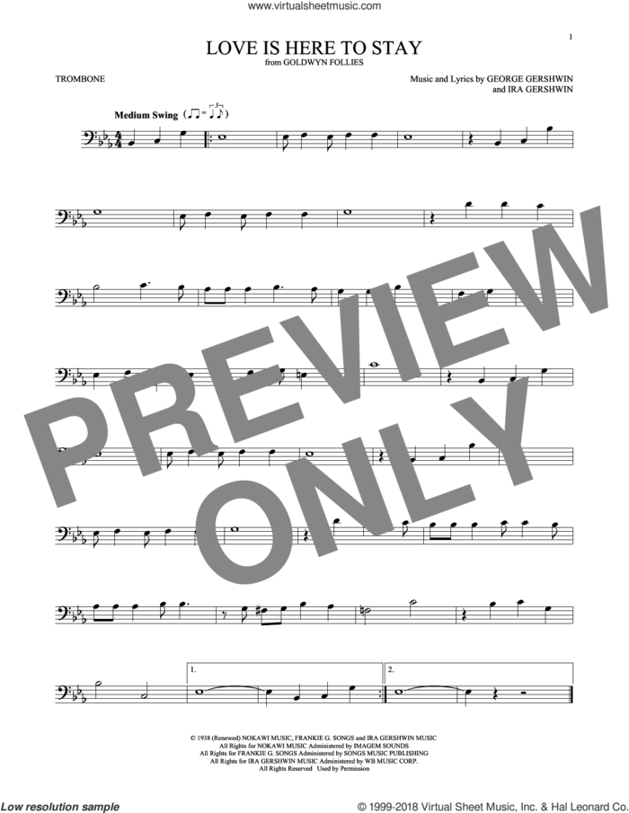 Love Is Here To Stay sheet music for trombone solo by George Gershwin and Ira Gershwin, intermediate skill level