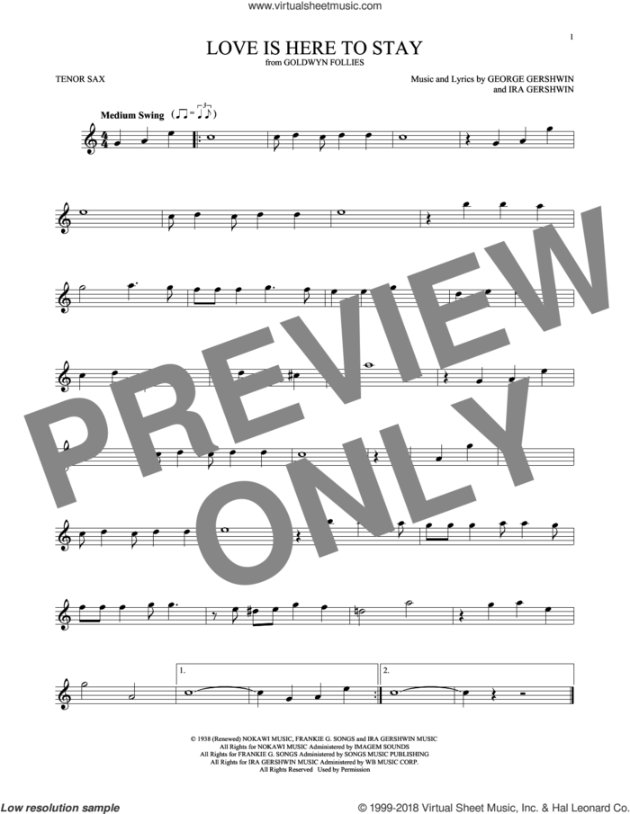 Love Is Here To Stay sheet music for tenor saxophone solo by George Gershwin and Ira Gershwin, intermediate skill level