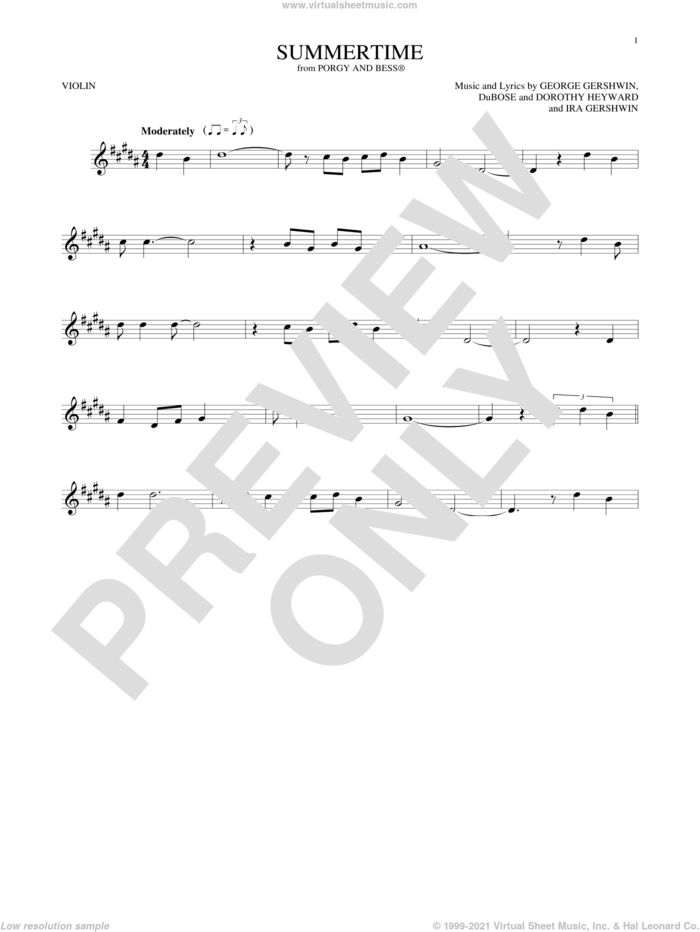 Summertime sheet music for violin solo by George Gershwin, Dorothy Heyward, DuBose Heyward and Ira Gershwin, intermediate skill level