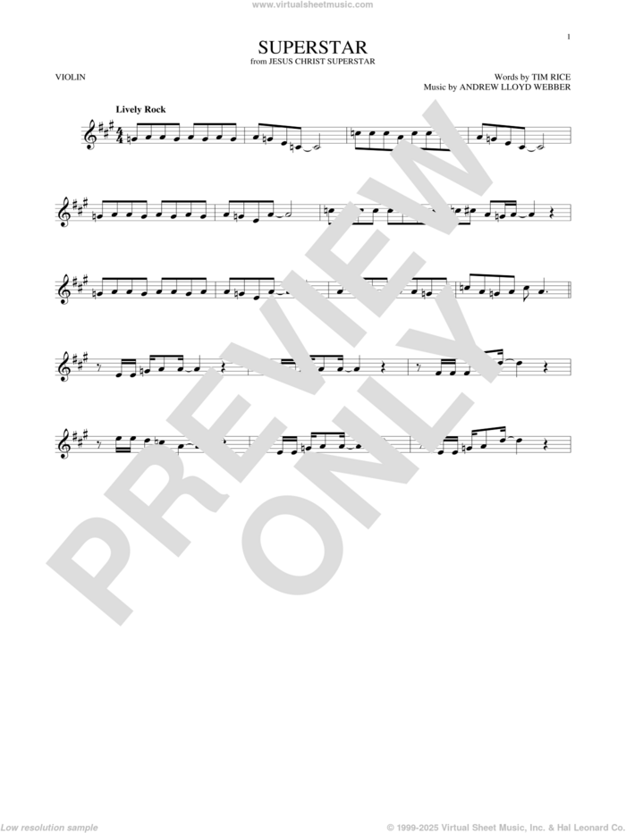 Superstar (from Jesus Christ Superstar) sheet music for violin solo by Andrew Lloyd Webber, Murray Head w/Trinidad Singers and Tim Rice, intermediate skill level