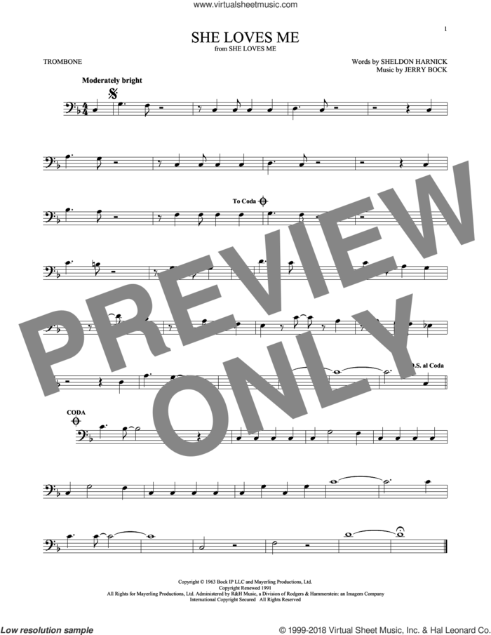 She Loves Me sheet music for trombone solo by Sheldon Harnick and Jerry Bock, intermediate skill level