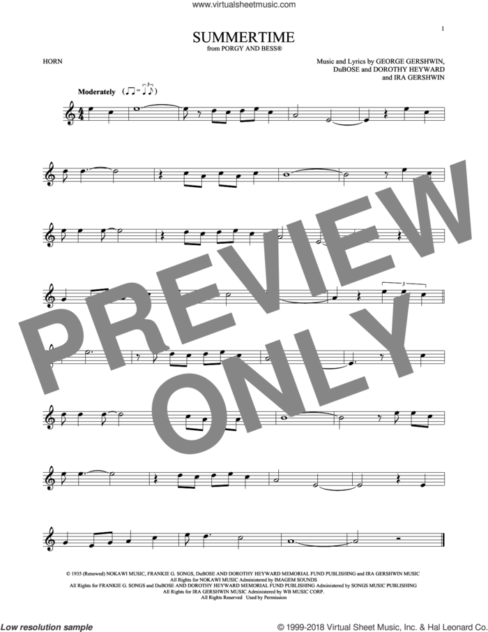 Summertime sheet music for horn solo by George Gershwin, Dorothy Heyward, DuBose Heyward and Ira Gershwin, intermediate skill level