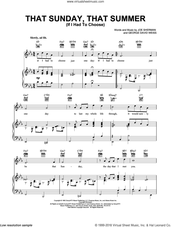 That Sunday That Summer (If I Had To Choose) sheet music for voice, piano or guitar by George David Weiss, Nat King Cole and Joe Sherman, intermediate skill level