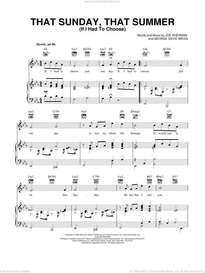 That Sunday That Summer (If I Had To Choose) sheet music for voice, piano or guitar by George David Weiss, Nat King Cole and Joe Sherman, intermediate skill level