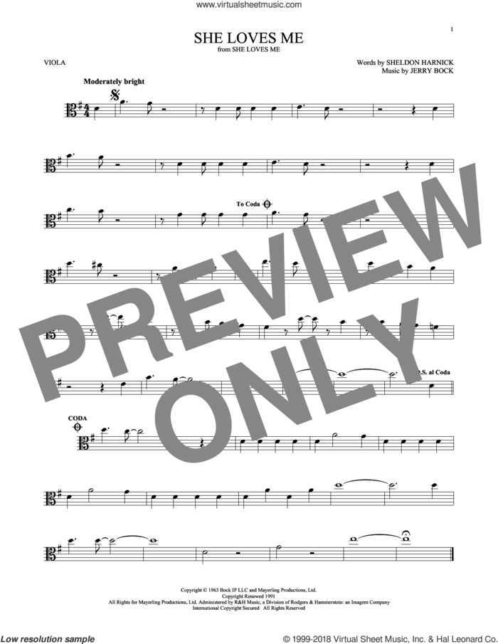 She Loves Me sheet music for viola solo by Sheldon Harnick and Jerry Bock, intermediate skill level