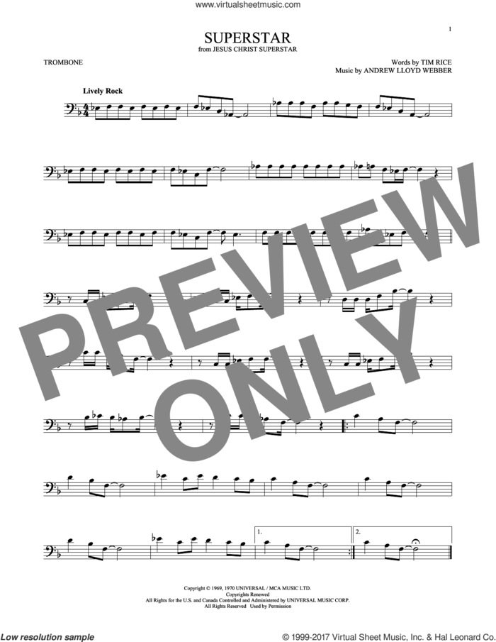 Superstar (from Jesus Christ Superstar) sheet music for trombone solo by Andrew Lloyd Webber, Murray Head w/Trinidad Singers and Tim Rice, intermediate skill level