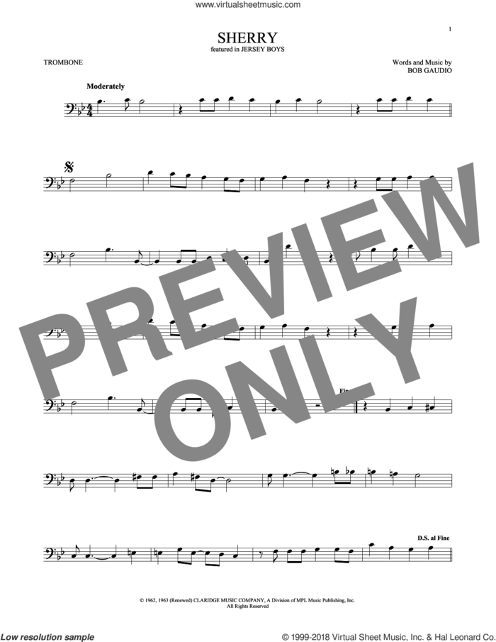 Sherry sheet music for trombone solo by The Four Seasons and Bob Gaudio, intermediate skill level