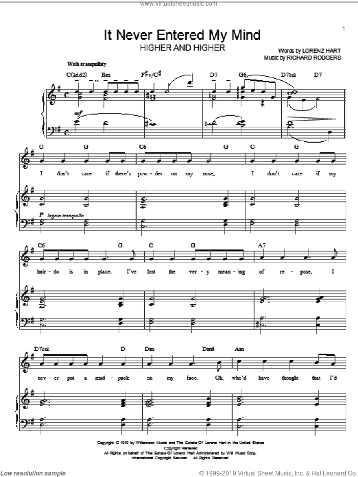 It Never Entered My Mind sheet music for voice, piano or guitar by Rodgers & Hart, Lorenz Hart and Richard Rodgers, intermediate skill level