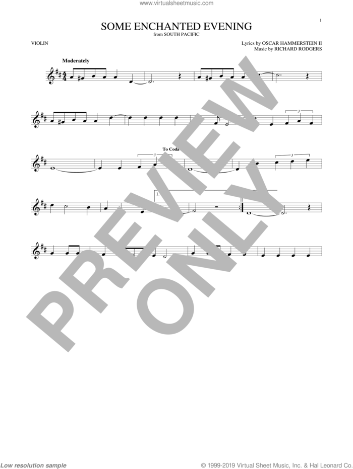 Some Enchanted Evening sheet music for violin solo by Rodgers & Hammerstein, Oscar II Hammerstein and Richard Rodgers, intermediate skill level