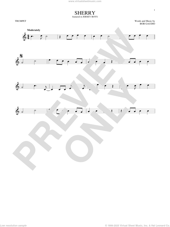 Sherry sheet music for trumpet solo by The Four Seasons and Bob Gaudio, intermediate skill level