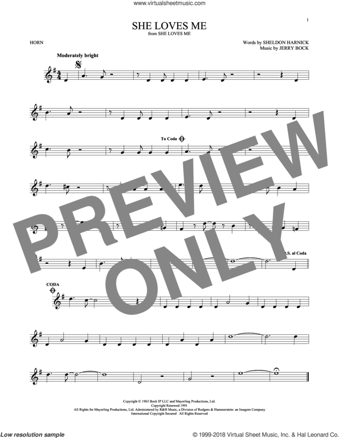 She Loves Me sheet music for horn solo by Sheldon Harnick and Jerry Bock, intermediate skill level