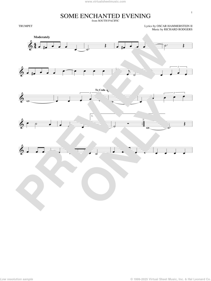 Some Enchanted Evening sheet music for trumpet solo by Rodgers & Hammerstein, Oscar II Hammerstein and Richard Rodgers, intermediate skill level