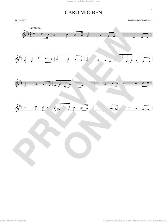 Caro Mio Ben sheet music for trumpet solo by Tommaso Giordani and Anonymous Italian poem, classical score, intermediate skill level
