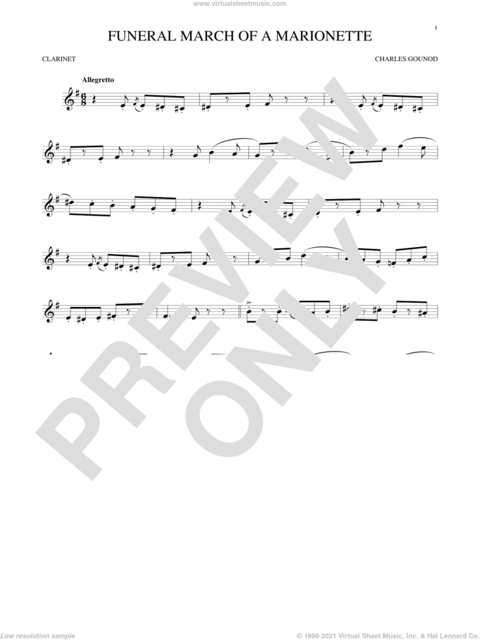 Funeral March Of A Marionette sheet music for clarinet solo by Charles Gounod, classical score, intermediate skill level