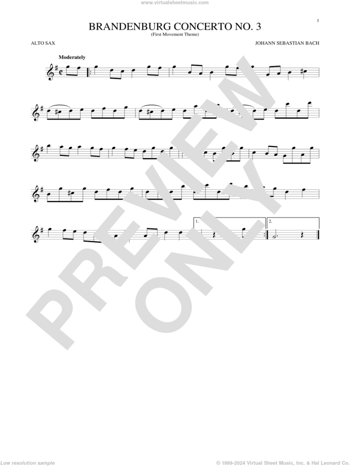 Brandenburg Concerto No. 3 sheet music for alto saxophone solo by Johann Sebastian Bach, classical score, intermediate skill level