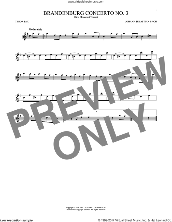Brandenburg Concerto No. 3 sheet music for tenor saxophone solo by Johann Sebastian Bach, classical score, intermediate skill level