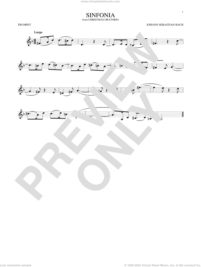 Sinfonia sheet music for trumpet solo by Johann Sebastian Bach, classical score, intermediate skill level