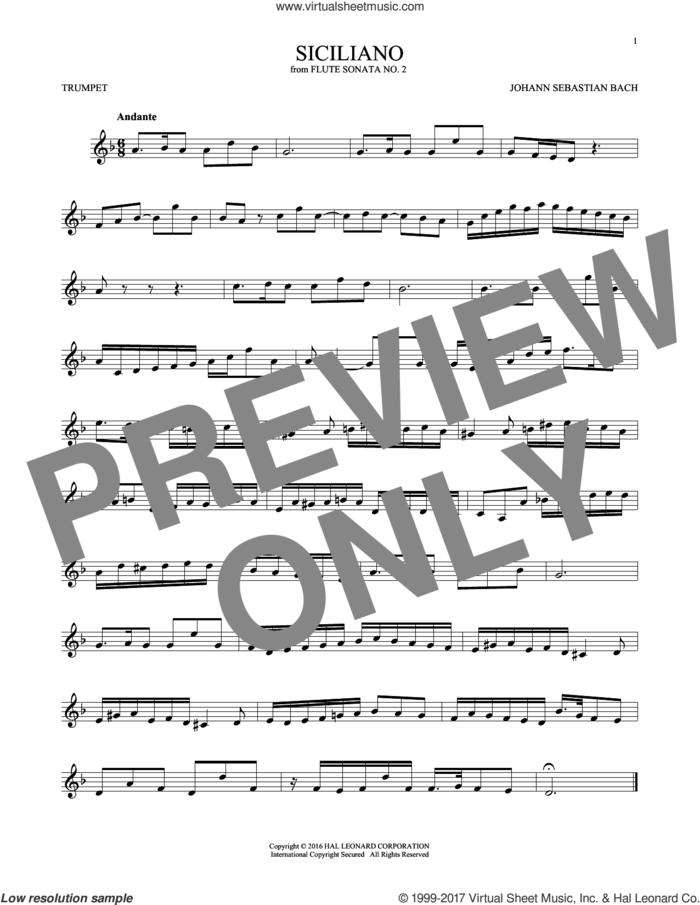 Siciliano sheet music for trumpet solo by Johann Sebastian Bach, classical score, intermediate skill level
