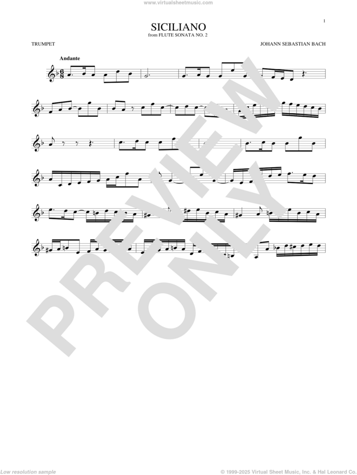 Siciliano sheet music for trumpet solo by Johann Sebastian Bach, classical score, intermediate skill level