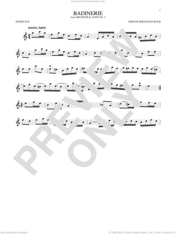 Badinerie (Suite No. 2) sheet music for tenor saxophone solo by Johann Sebastian Bach, classical score, intermediate skill level