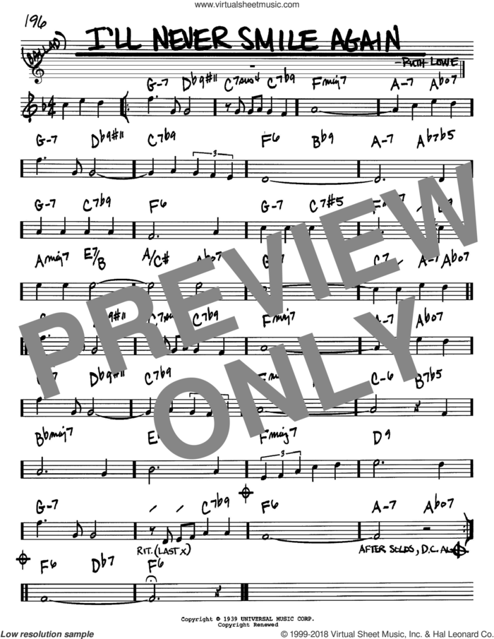 I'll Never Smile Again sheet music for voice and other instruments (in Bb) by Tommy Dorsey and Ruth Lowe, intermediate skill level
