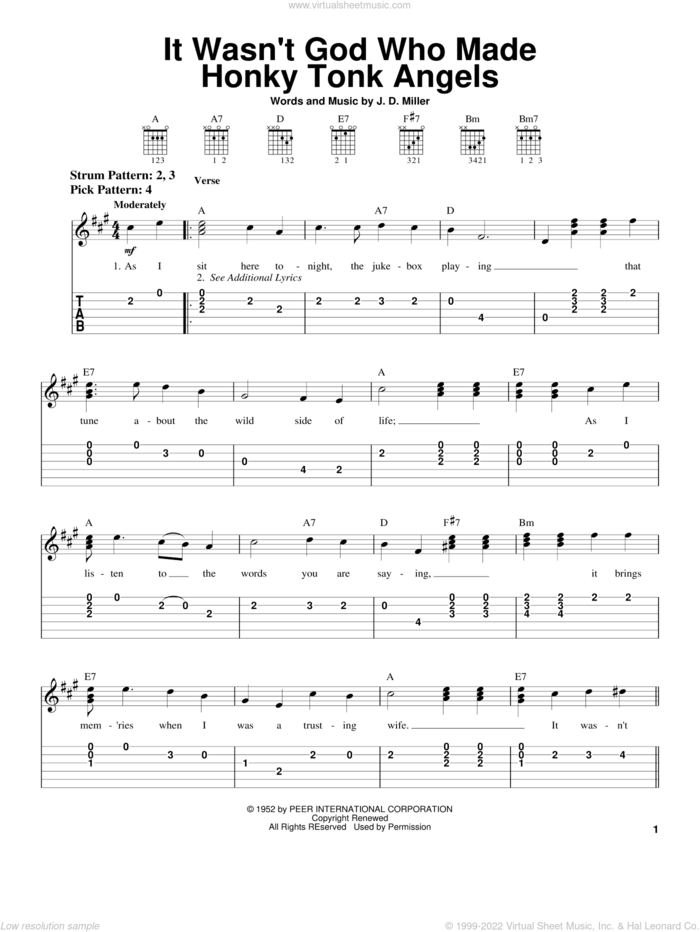 It Wasn't God Who Made Honky Tonk Angels sheet music for guitar solo (chords) by Kitty Wells, Dolly Parton and J.D. Miller, easy guitar (chords)