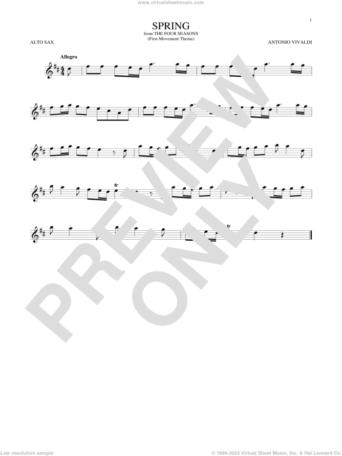 Allegro I, RV 269 ('Spring') (First Movement Theme) sheet music for alto saxophone solo by Antonio Vivaldi, classical score, intermediate skill level