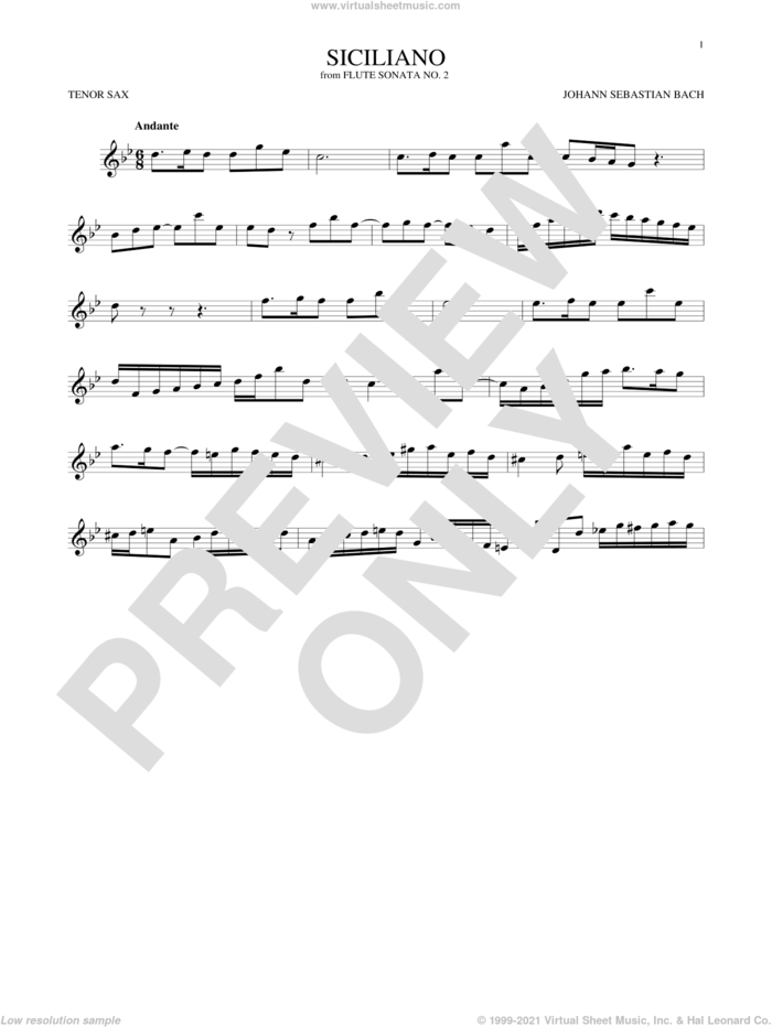 Siciliano sheet music for tenor saxophone solo by Johann Sebastian Bach, classical score, intermediate skill level