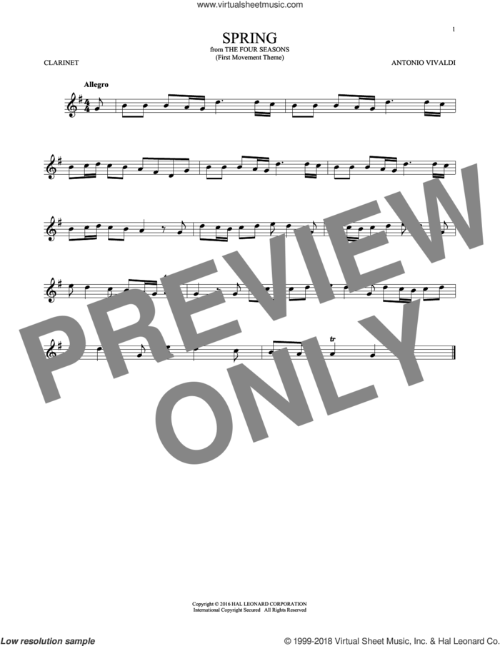 Allegro I, RV 269 ('Spring') (First Movement Theme) sheet music for clarinet solo by Antonio Vivaldi, classical score, intermediate skill level