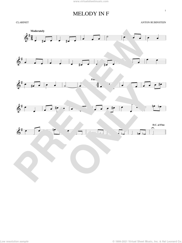 Melody In F sheet music for clarinet solo by Anton Rubinstein, classical score, intermediate skill level