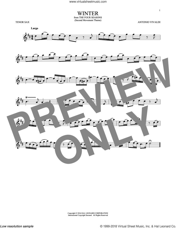 Winter (from The Four Seasons) sheet music for tenor saxophone solo by Antonio Vivaldi, classical score, intermediate skill level