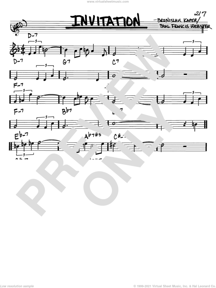 Invitation sheet music for voice and other instruments (in Bb) by Paul Francis Webster and Bronislau Kaper, intermediate skill level