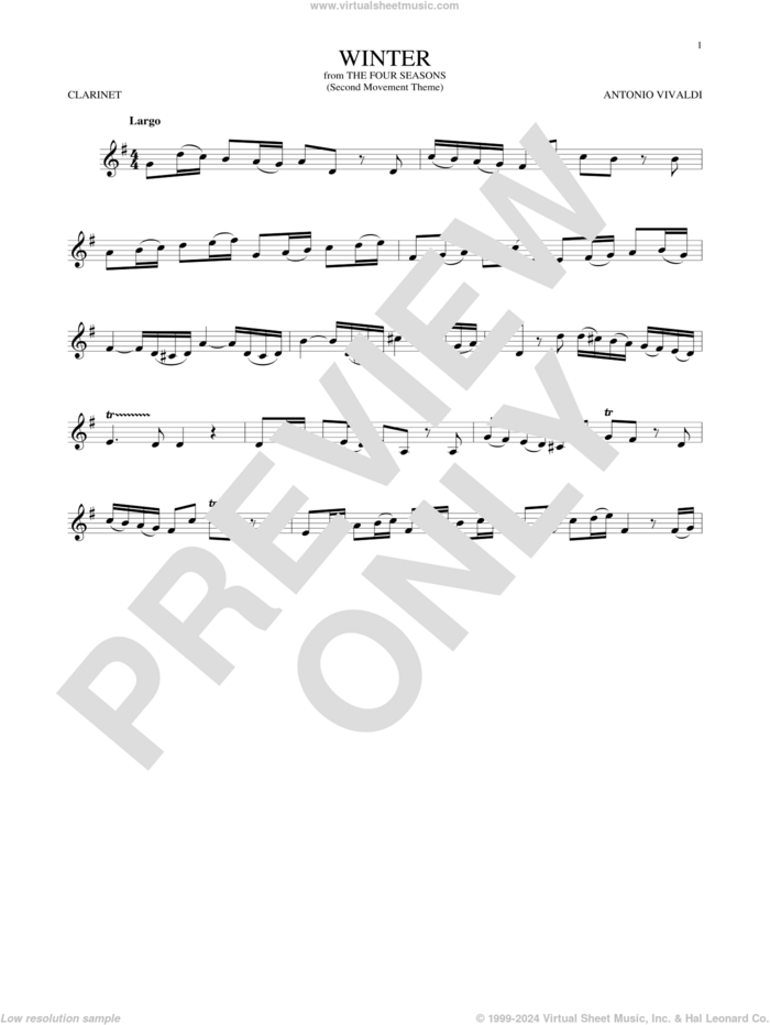 Winter (from The Four Seasons) sheet music for clarinet solo by Antonio Vivaldi, classical score, intermediate skill level