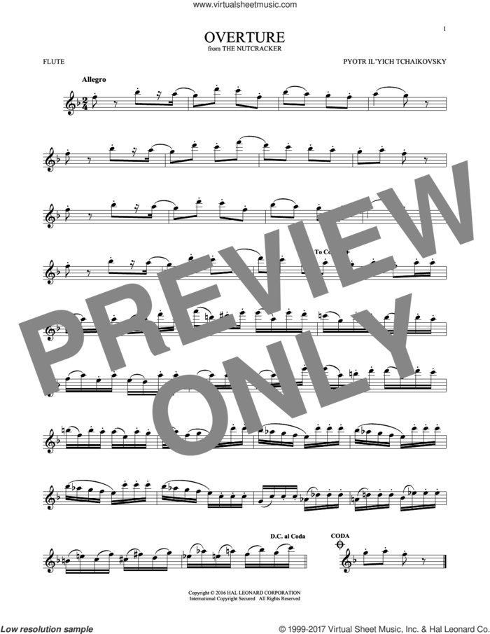 Overture sheet music for flute solo by Pyotr Ilyich Tchaikovsky, classical score, intermediate skill level