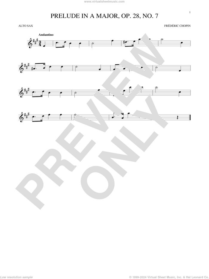 Prelude In A Major, Op. 28, No. 7 sheet music for alto saxophone solo by Frederic Chopin, classical score, intermediate skill level