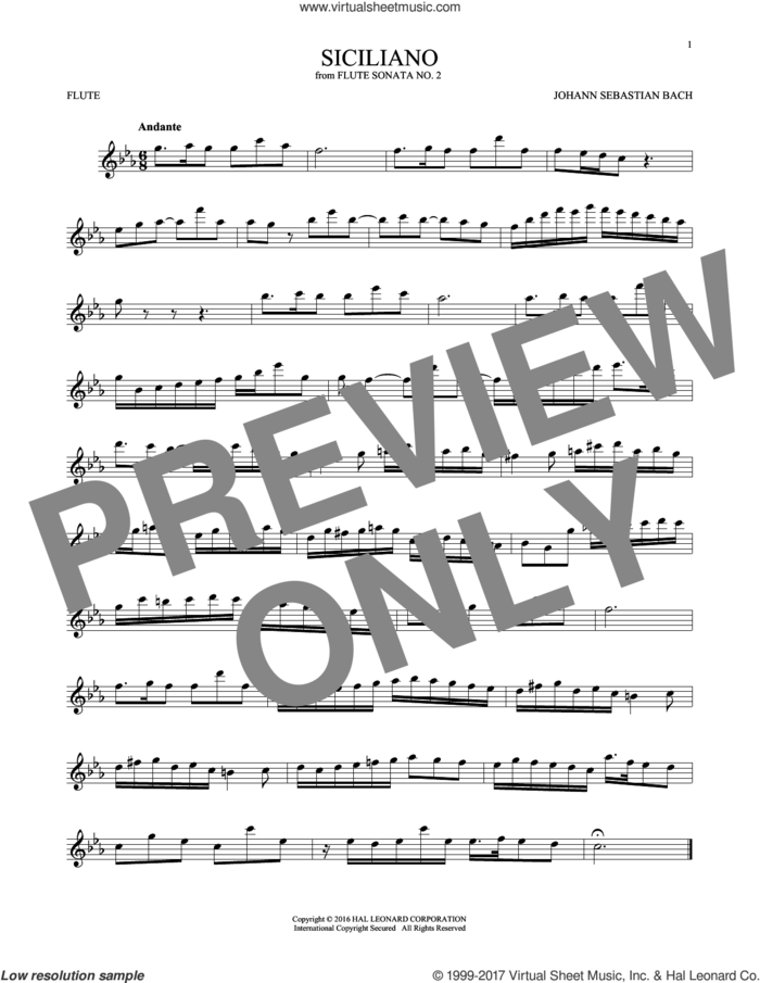 Siciliano sheet music for flute solo by Johann Sebastian Bach, classical score, intermediate skill level