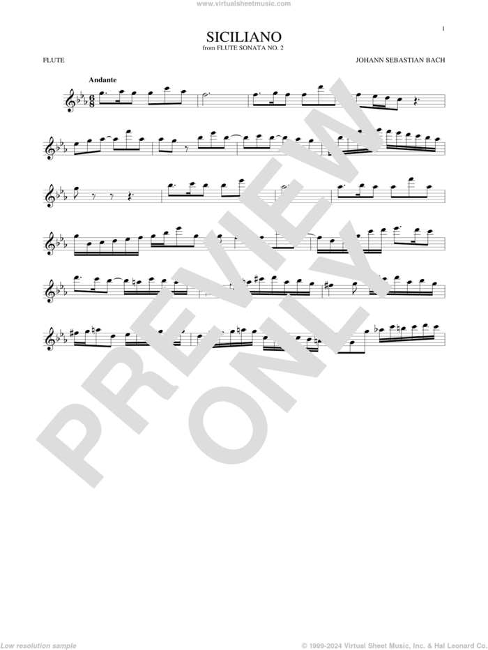 Siciliano sheet music for flute solo by Johann Sebastian Bach, classical score, intermediate skill level