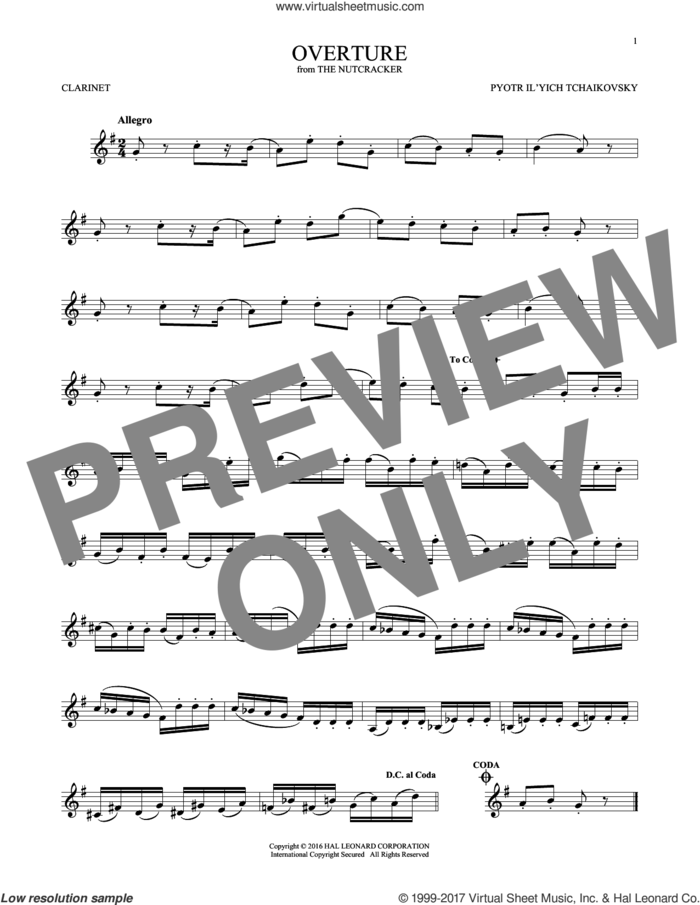 Overture sheet music for clarinet solo by Pyotr Ilyich Tchaikovsky, classical score, intermediate skill level