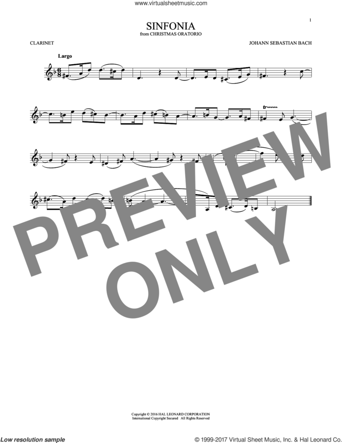 Sinfonia sheet music for clarinet solo by Johann Sebastian Bach, classical score, intermediate skill level