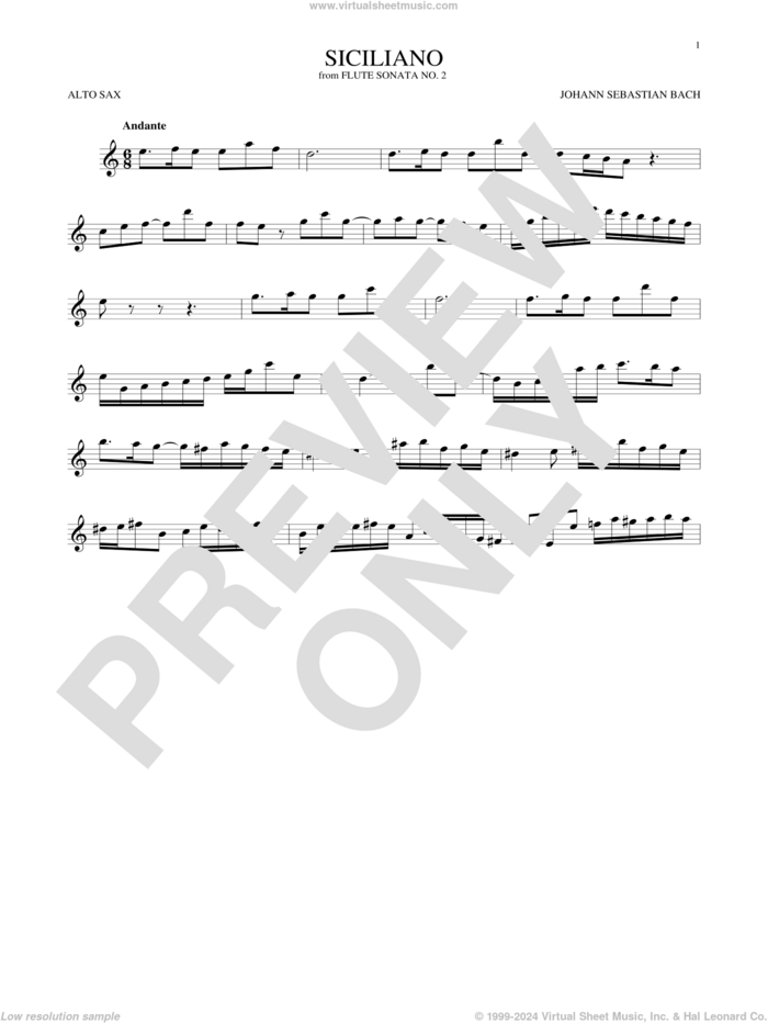 Siciliano sheet music for alto saxophone solo by Johann Sebastian Bach, classical score, intermediate skill level