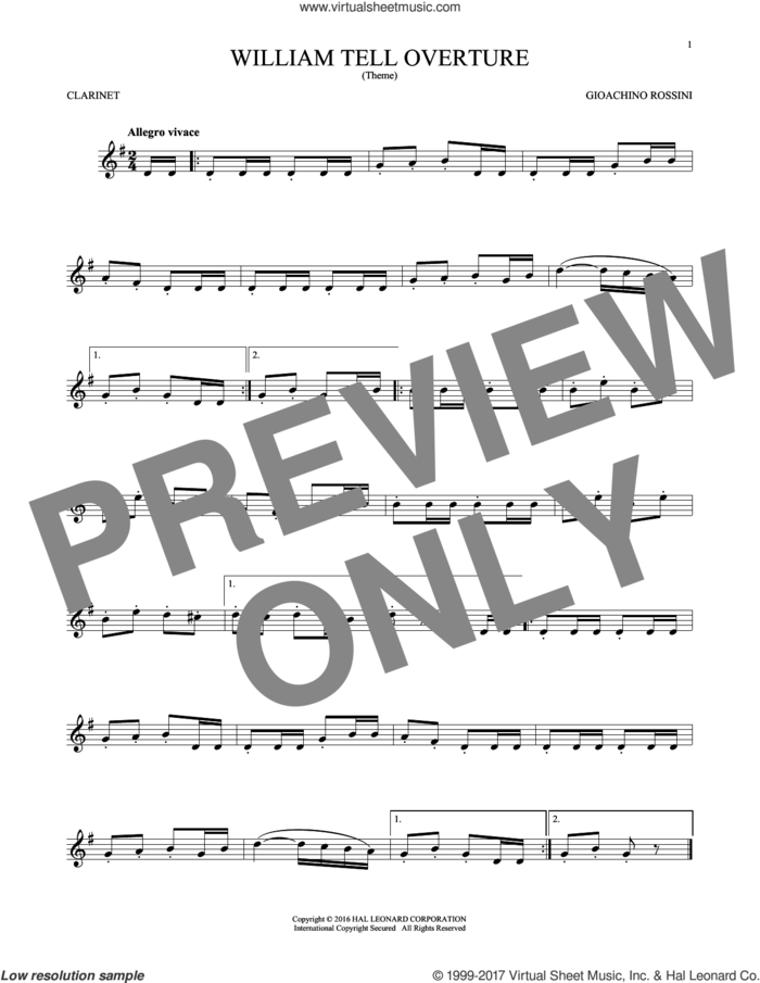 William Tell Overture sheet music for clarinet solo by Rossini, Gioacchino, classical score, intermediate skill level