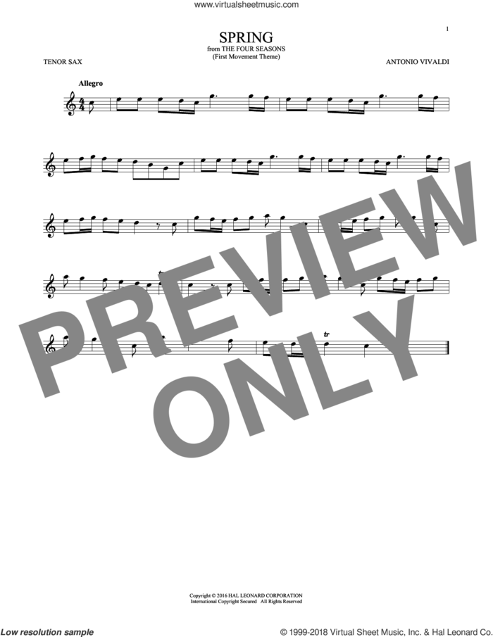 Allegro I, RV 269 ('Spring') (First Movement Theme) sheet music for tenor saxophone solo by Antonio Vivaldi, classical score, intermediate skill level