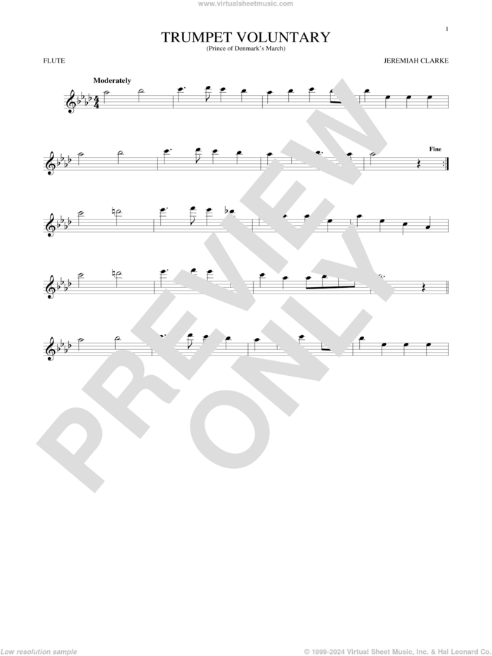 Trumpet Voluntary sheet music for flute solo by Jeremiah Clarke, classical wedding score, intermediate skill level